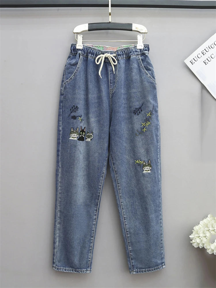 Cat Embroidery Baggy Jeans