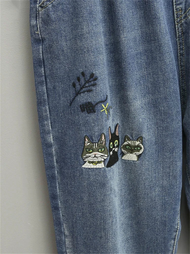 Cat Embroidery Baggy Jeans
