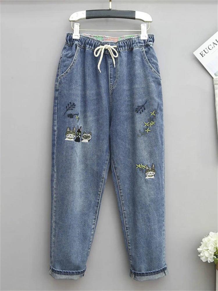 Cat Embroidery Baggy Jeans
