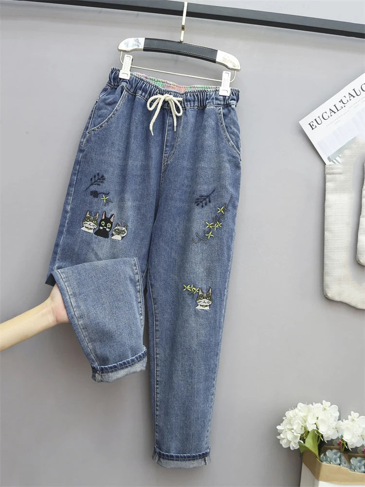 Cat Embroidery Baggy Jeans